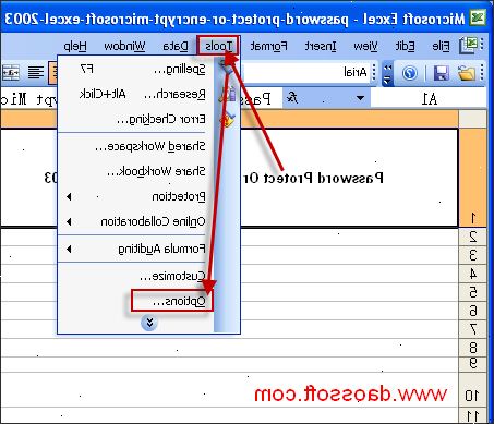 Hoe maak je een wachtwoord van een Microsoft Excel 2003-document te beschermen. In het menu Extra op Opties.